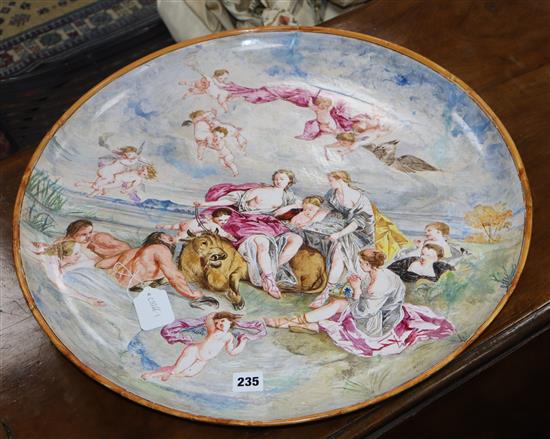 Emile Aubert Lessore. Large tin glaze majolica wall plate for Minton 1858 (a.f.) Diameter 59cm